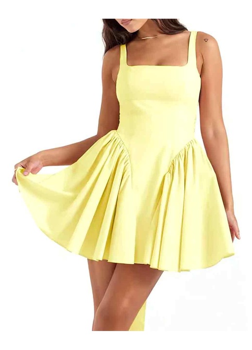 Лятна рокля, QttvbTna, Полиестер, Жълто, Жълт