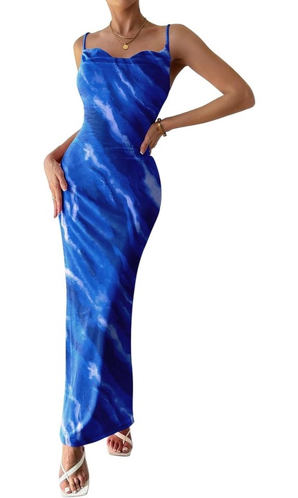 Рокля QttvbTna, Макси, Полиестер, Син, Син, M