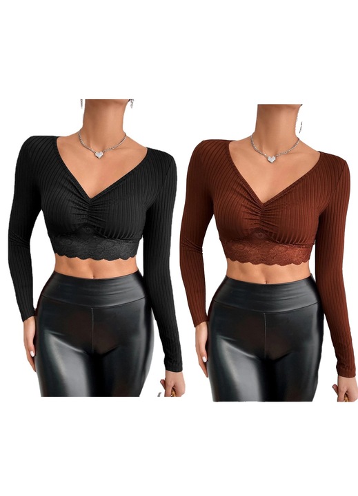 Set 2 bluze dama, AMRINUGL, Poliester, Negru/Visiniu