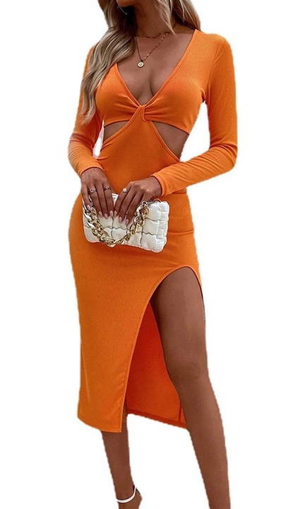 QttvbTna Рокля с ръкави, коприна, есенна, оранжев, Оранжев, M