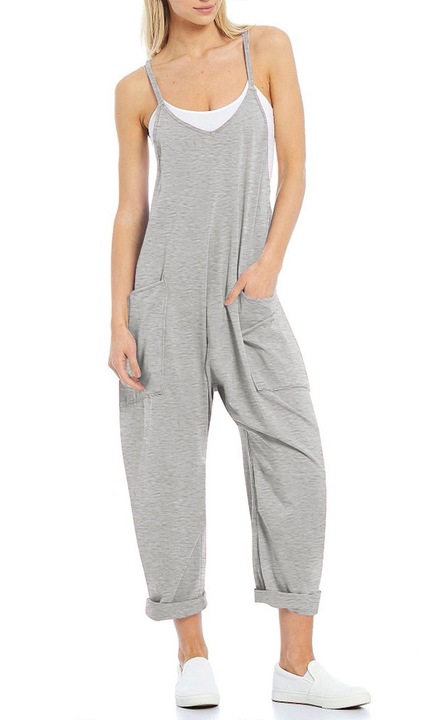 Noi alkalmi ujjatlan jumpsuit, QttvbTna spagetti pantos, hosszu nadragos, zsebes kotott, Szürke, M