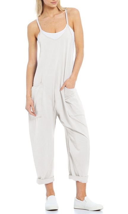 Noi alkalmi ujjatlan jumpsuit, QttvbTna spagetti pantos, hosszu nadragos, zsebes kotott, Fehér, M