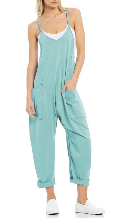 Noi alkalmi ujjatlan jumpsuit, QttvbTna spagetti pantos, hosszu nadragos, zsebes kotott, Zöld, M