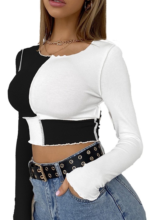 Tricou crop cu maneca lunga, AMRINUGL, Rayon, Alb/negru, L INTL