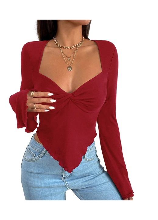 Tricou cu maneca lunga pentru femei, AMRINUGL, Poliester, Rosu