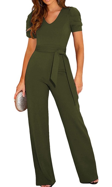 QttvbTna rövid ujjú kötszer V nyakú nyári jumpsuit zöld szövet széles szárú nadrág, Zöld