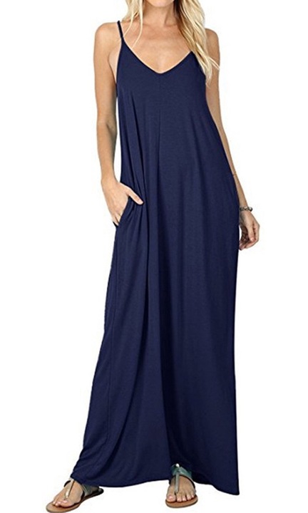 Дълга лятна рокля, QttvbTna, Еластан, Морско синьо, Тъмносин