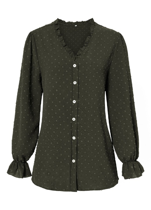 Дамска риза QttvbTna V-образно деколте с дълъг ръкав, полиестер, Зелен