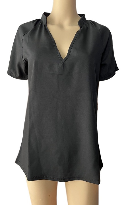 Дамска риза QttvbTna V-образно деколте Къс ръкав, памучна, Черен