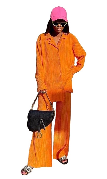 Дамски ежедневен комплект блуза и панталон QttvbTna с дълъг ръкав, висока талия, оранжев памучен полиестер, Оранжев