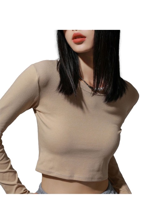 Кроп блуза с дълги ръкави Cozevdnt, Памук, Каки, 2XL INTL