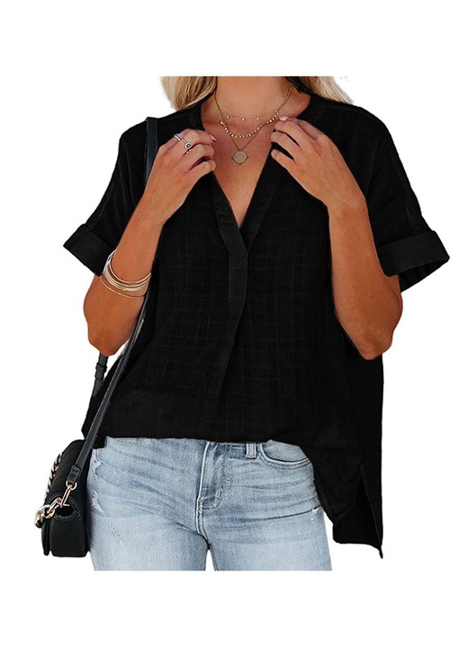 QttvbTna női ing V-nyakkivágással, rövid ujjú, fekete poliészter, Fekete