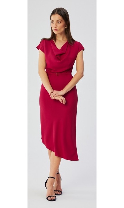 Női ruha, aszimmetrikus, lépcsőzetes nyakkivágással, poliészter, S, piros