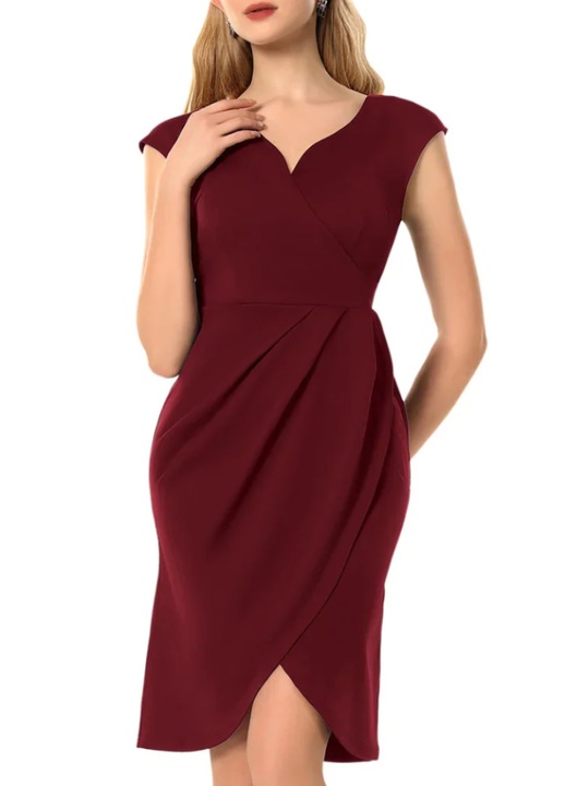 Rochie elevanta pentru femei, Tanmolo, cu decolteu in V, stil Rockabilly, cu maneci scurte, lunga pana la genunchi, Marimea M, Visiniu