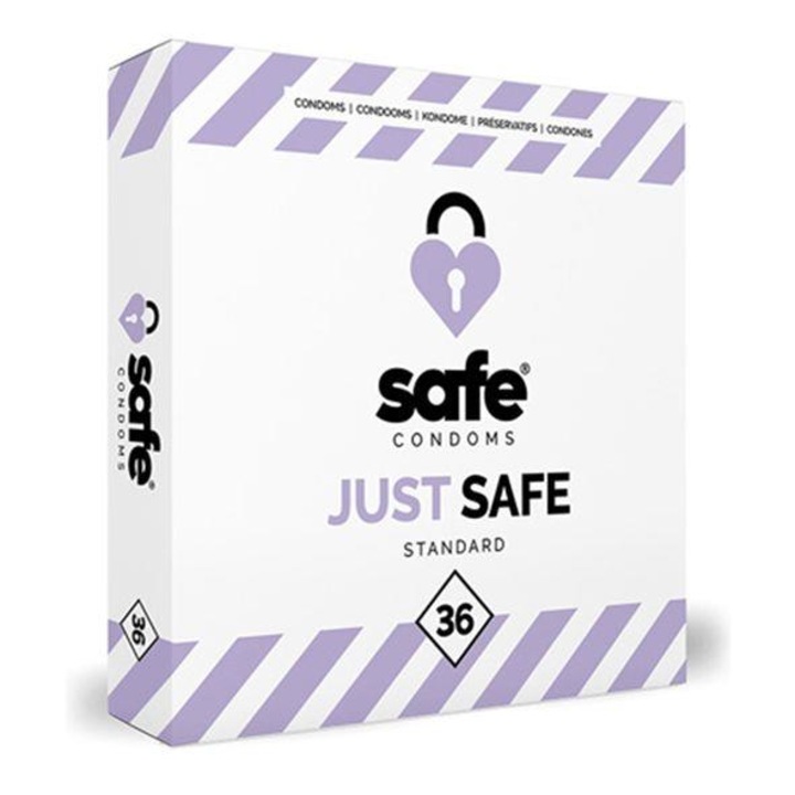 Set 36 prezervative Safe Just Safe, lubrifiant silicon, aroma vanilie, 19cm x 5.6cm