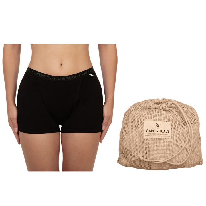 Femieko комплект, торба за пране на бельо и менструални боксерки от органичен памук с ултра висока абсорбция Allbody, размер 2XS, за многократна употреба, черен