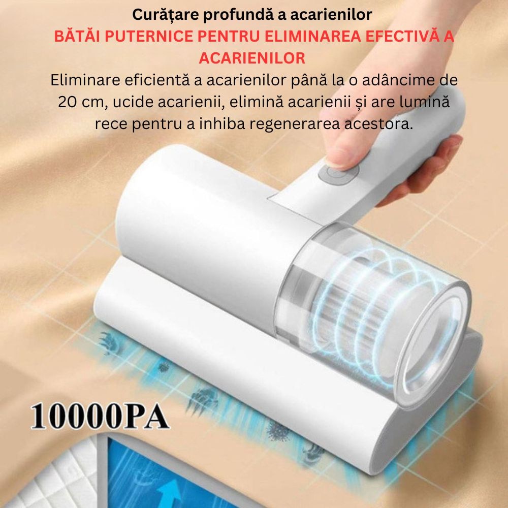 Aspirator de acarieni, COSDIMI, Lumina rece integrata pentru a inhiba regenerarea, Curatare profunda pana la 20 cm adancime, Durata lunga de viata a bateriei, Prevenire a poluarii secundare, Ajuta la ameliorarea problemelor pielii, Alergiilor nazale, Alb