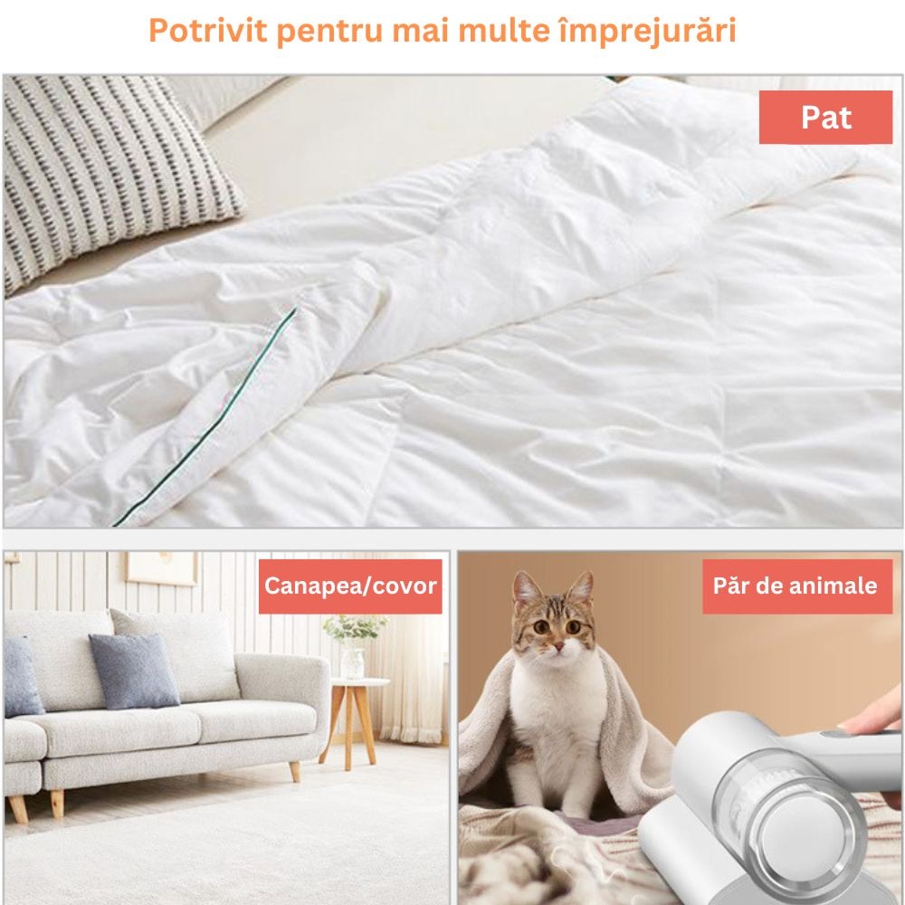 Aspirator de acarieni, COSDIMI, Lumina rece integrata pentru a inhiba regenerarea, Curatare profunda pana la 20 cm adancime, Durata lunga de viata a bateriei, Prevenire a poluarii secundare, Ajuta la ameliorarea problemelor pielii, Alergiilor nazale, Alb