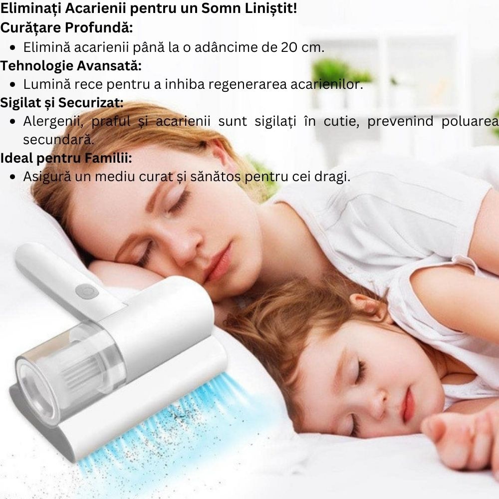 Aspirator de acarieni, COSDIMI, Lumina rece integrata pentru a inhiba regenerarea, Curatare profunda pana la 20 cm adancime, Durata lunga de viata a bateriei, Prevenire a poluarii secundare, Ajuta la ameliorarea problemelor pielii, Alergiilor nazale, Alb