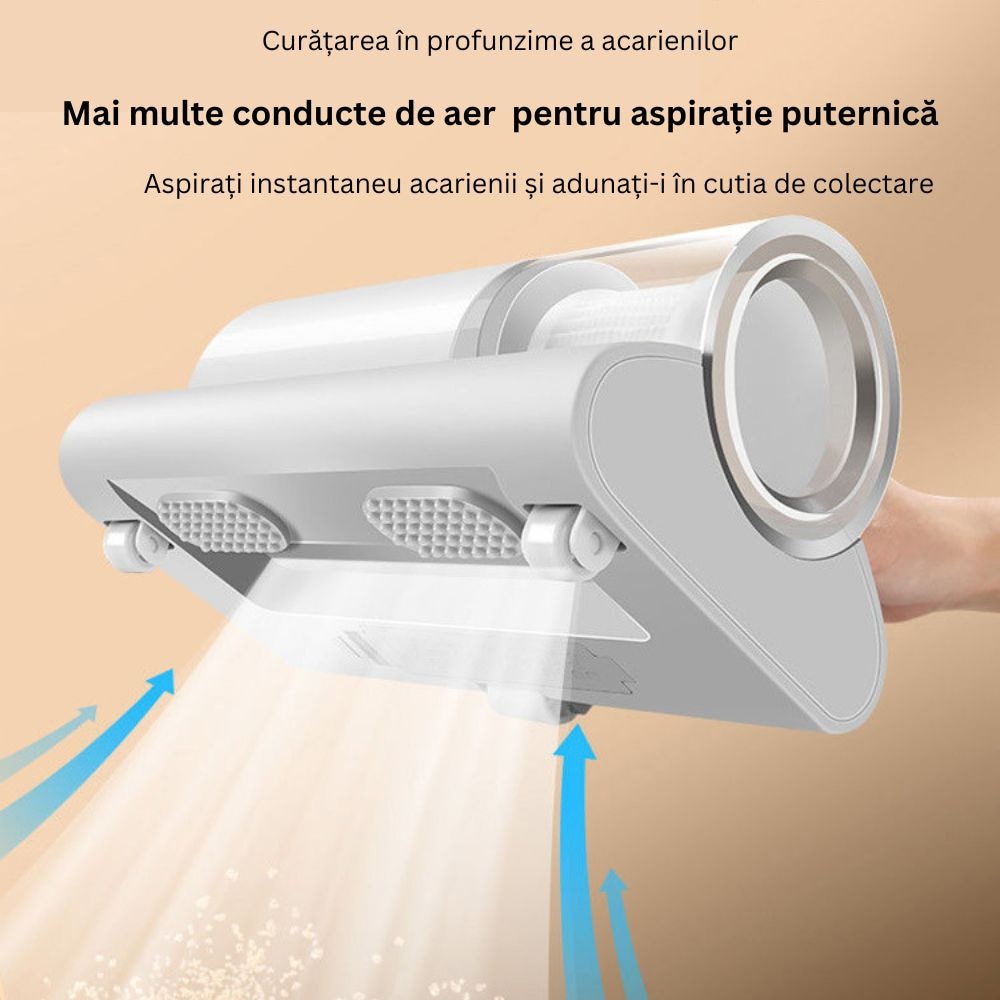Aspirator de acarieni, COSDIMI, Lumina rece integrata pentru a inhiba regenerarea, Curatare profunda pana la 20 cm adancime, Durata lunga de viata a bateriei, Prevenire a poluarii secundare, Ajuta la ameliorarea problemelor pielii, Alergiilor nazale, Alb