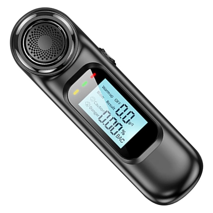 Etilotest, Hggzeg, Profesional fara contact, Nu necesita rezerve, Acuratete +/- 0.005% BAC, Analiza Rapida, Display digital LCD, Autonomie baterie 300 testari, Indicator risc, 82.4x24x17.5 mm, Negru