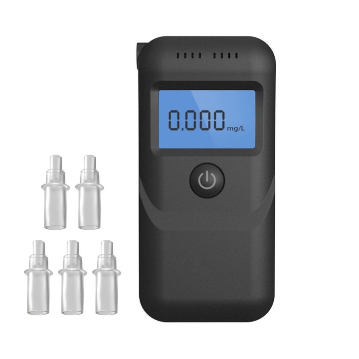 Alkoholtesztelő, Hggzeg, digitális, 3 mértékegység, pontosság +/- 0,01% BAC, 5 fúvóka mellékelve, automatikus kalibrálás, hamis légzésfelismerés, gyorselemzés, digitális LCD kijelző, 112 x 61 x 29 mm, fekete