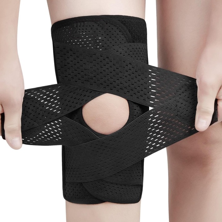 Genunchiera tehnico- medicala profesionala, Nybgyy®, orteza leziuni ligamente si articulatii, edem si dureri genunchi, stabilizator rotula in activitati intense, ajustabila, elastica, unisex, Negru, L
