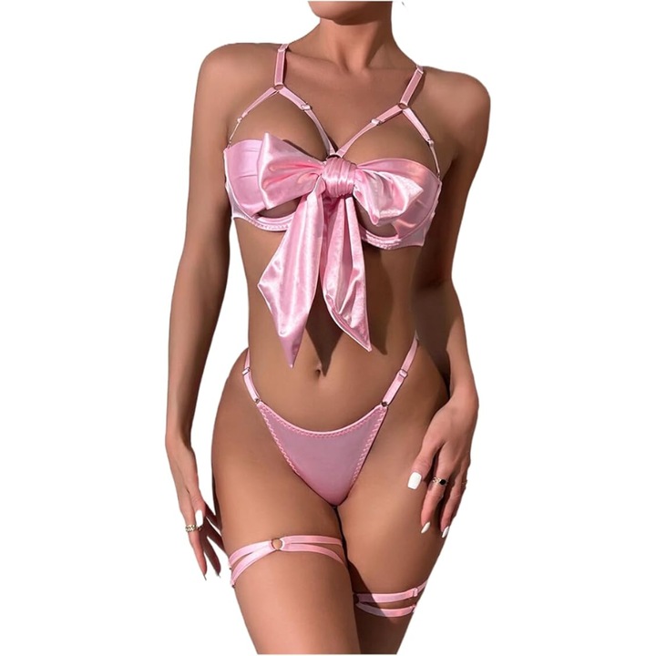 Set 3 piese lenjerie sexy de dama, MzcrJosv®, Sutien cu funda, Tanga, Sling pentru coapsa, Marime M, Poliester, Roz