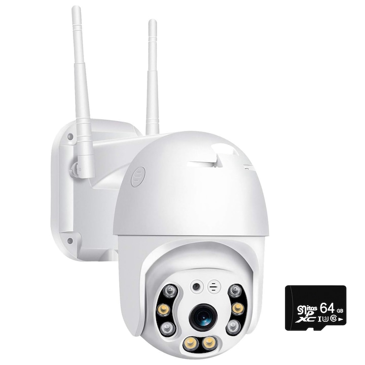 SMART WIFI térfigyelő kamera 64 GB memóriával, Hggzeg, kártya/felhőtárhely, telefoncsatlakozás, Full HD 1920x1080, kültéri/beltéri, IP65 vízállóság, éjjellátó szín, mozgásérzékelő, riasztó, kétirányú hang, fehér