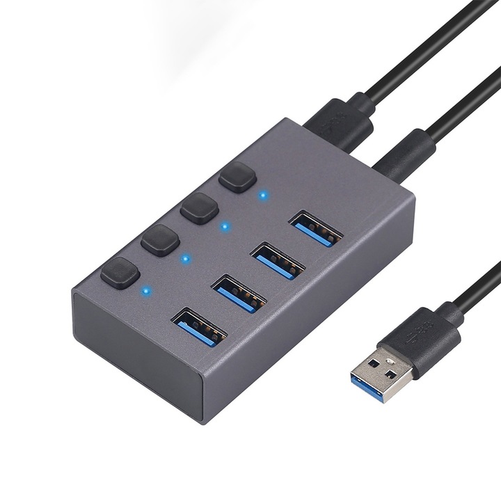 JESWO USB 3.0 хъб, 4 порта, алуминий, отделни превключватели, 5Gbps