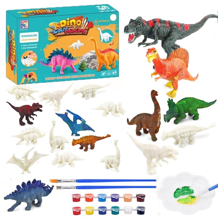 Set pictura cu 14 dinozauri de colorat, 2 dinozauri mari, 12 dinozauri mici, cu 12 culori, 2 pensule, tavita si instructiuni, pentru fete sau baieti, copii de la 3 ani, multicolor