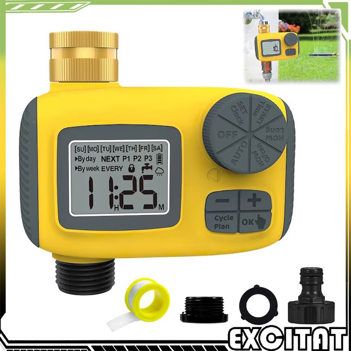 Programator Irigare Gradina, EXCITAT®, 3 Moduri, Gazon gradina plantatie, Rezista la presiunea apei de pana la 120 psi, Udare Automata Precisa, Ecran LCD, IPX5, Functie de blocare pentru copii, Economisire Apa, Galben