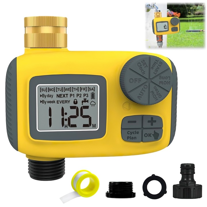 Програматор за градинско напояване, EXCITAT®, 3 режима, морава, градина, плантация, издържа на водно налягане до 120 psi, прецизно автоматично напояване, LCD екран, IPX5, функция за заключване от деца, пестене на вода, жълт