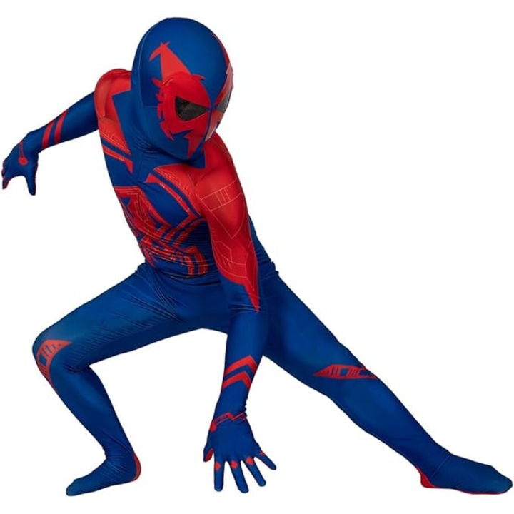 Costum Carnaval Copii Spider-Man No Way Home, cu Cagula, pentru Halloween, Cosplay, Craciun, Rosu/Albastru, 7-8 Ani, S-130 cm