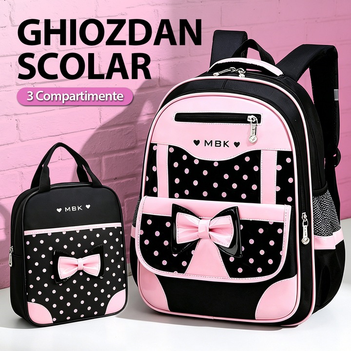 Ghiozdan Scolar, BYONDSELF®, 2 in 1, 20L, cu 3 Compartimente, 2 Buzunare Laterale, Ergonomic, Potrivit pentru clasele 1-2, 15x29x40cm, Roz/Negru