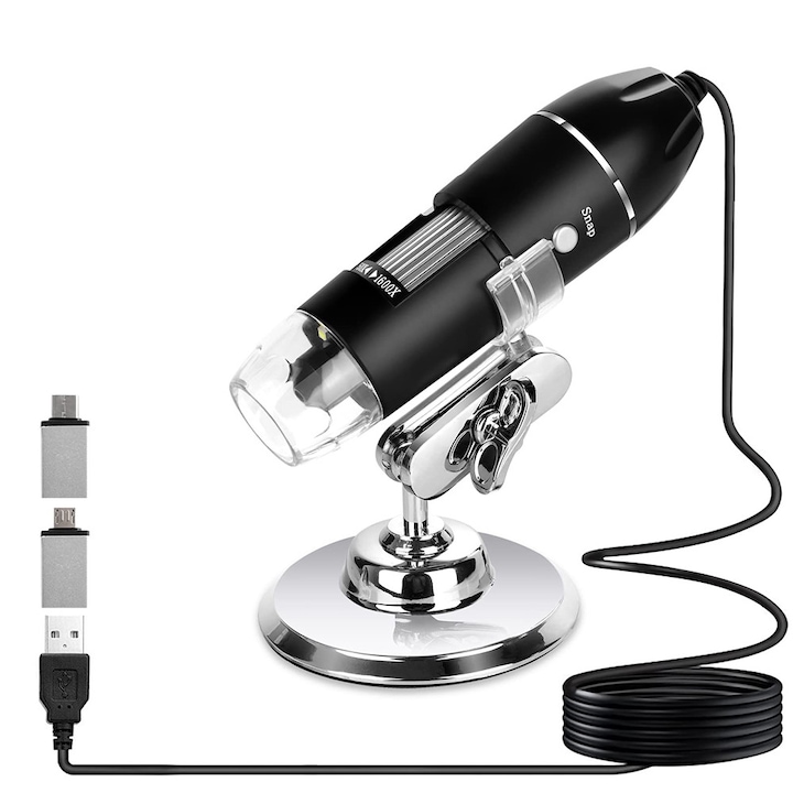 Microscop digital, JESWO®, USB, 1600X, 8 LED-uri, suport metalic, compatibil Android/Mac/Windows