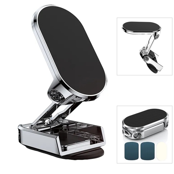 Suport auto magnetic pentru telefon, Yulinland®, cu pliabil si rotire 360⁰, unghi reglabil, 6 magneti si banda adeziva 3M, montare parbriz, bord, scaun, Argintiu