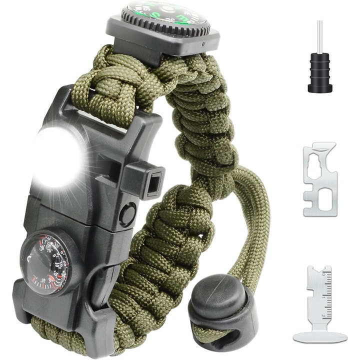 Гривна за оцеляване, Shawnice, H853, 20 в 1, Paracord, SOS светлина, компас, свирка, T-нож, кремъци, черен