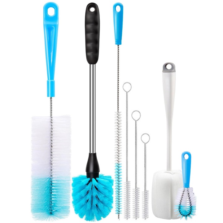 Set 8 perii de curatare pentru sticle, Darklove, Dimensiuni diferite, Reutilizabile, Usor de curatat, Universal, Maner ergonomic, Design anti-alunecare, Pentru aparatele de cafea si narghilea, Nylon/Otel inoxidabil, Albastru/Alb