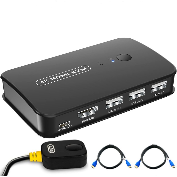 HDMI KVM kapcsoló, GOSTOCK®, HDMI 4K@30Hz kapcsoló 2 bemenettel 1 kimenet HDMI 2.0 és 3 USB port, Kialakítás jelzőfénnyel, Fekete