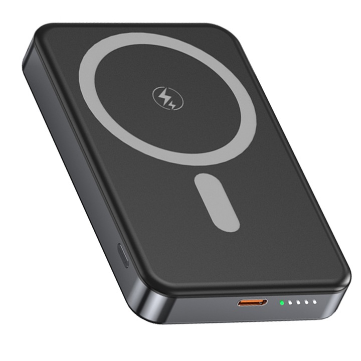 CLOOPER™ преносима тънка външна батерия Magsafe, 10000 mah, 2x USB Type-C, бързо зареждане 22,5 W, LED цифров дисплей, магнитно зареждане 15 W, чрез кабел type-C 22,5 W, универсален, матово черно