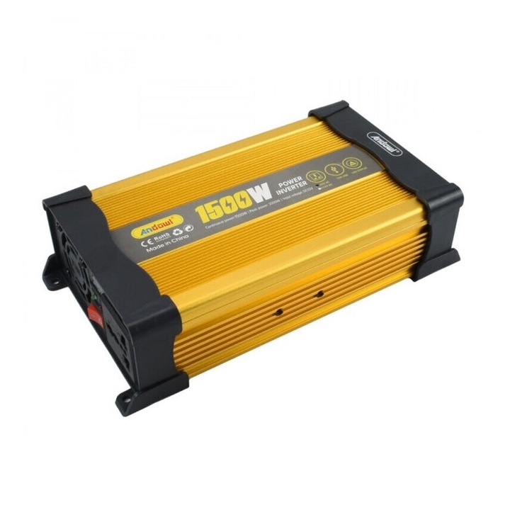 Invertor de tensiune auto Andowl KS1500, 1500W, 12V, 220V, 26 x 11 x 6.5cm, auriu