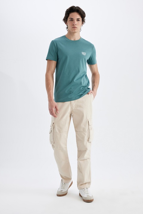 DeFacto, Tricou slim fit cu decolteu la baza gatului, Verde persan