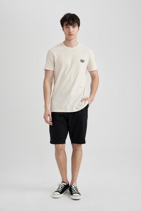 DeFacto, Tricou slim fit cu decolteu la baza gatului, Crem