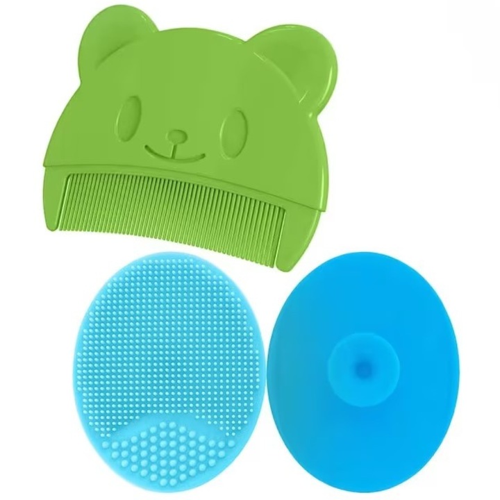 Set Perie De Baie Si Pieptan Bebelusi SUPER TRENDS® Din Silicon Moale, Perie Si Pieptan Bebe Cu Maner Ergonomic, Perie Si Piapten Bebelusi Pentru Indepartarea Crustelor De Lapte, Set Ingrijire Bebelusi Verde Albastru, Set Ingrijire Bebe Hipoalergenic