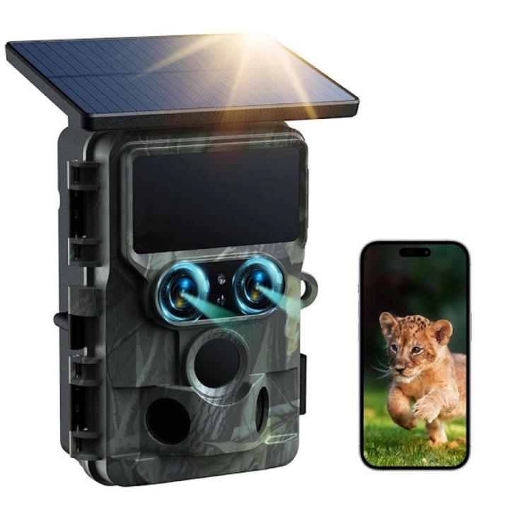 Камера за външно наблюдение, CamPark TC22, двоен обектив, WiFi/Bluetooth, соларен панел, 60MP ден, 8MP нощ, IP66, камуфлаж