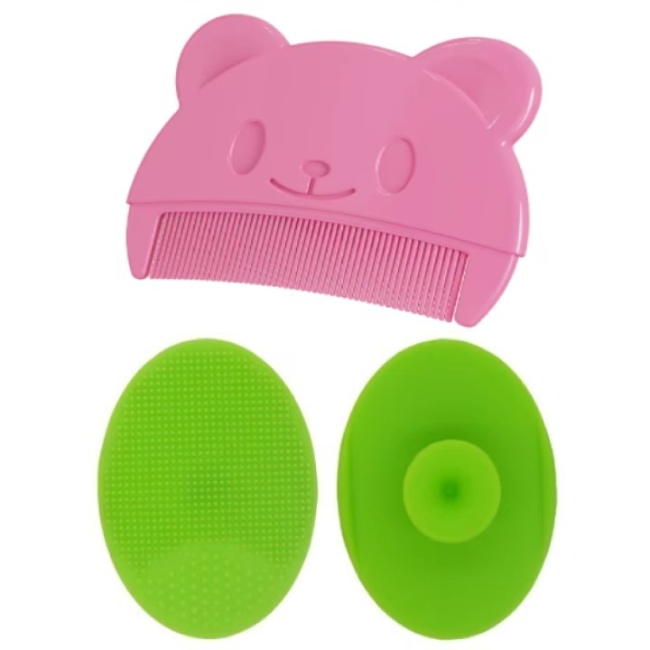 Set Perie De Baie Si Pieptan Bebelusi Super Trends® Din Silicon Moale, Perie Si Pieptan Bebe Pentru Indepartarea Crustelor De Lapte, Perie Si Piapten Bebelusi Cu Maner Ergonomic Antialunecare, Set Ingrijire Bebelusi Roz Verde, Set Ingrijire Bebe