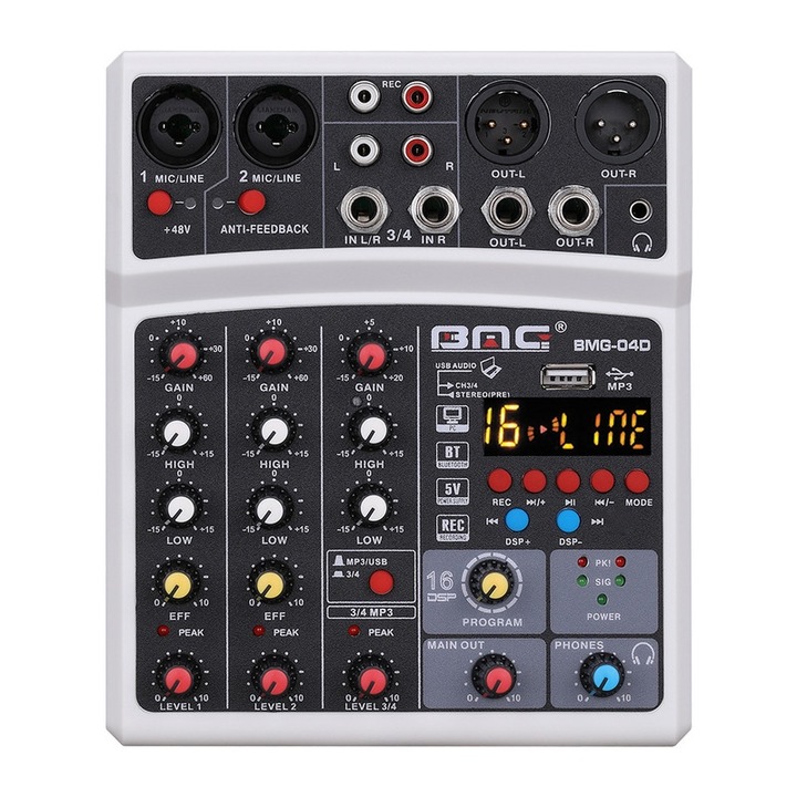 Аудио миксер BOMGE BMG-04D, 4 канала, DSP ефекти, фантомно захранване 48V, Bluetooth, бял, 23x20x7cm