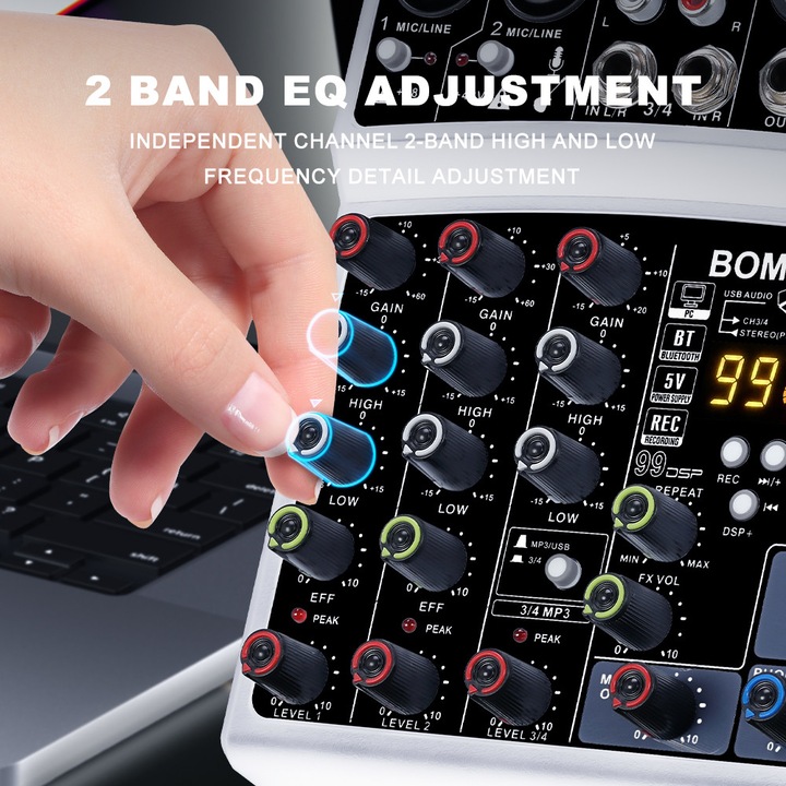 Audio mixer, BOMGE BMG-04D, 4 csatorna, DSP effektek, fantomtáp 48V, Bluetooth, fehér, 23x20x7cm