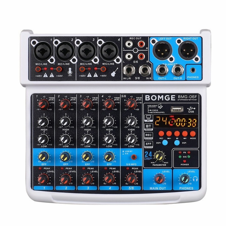 BOMGE 06F аудио миксер, 6 канала, Bluetooth 4.0, DSP ефекти, 5V захранване, черен, 29x6.5x25cm